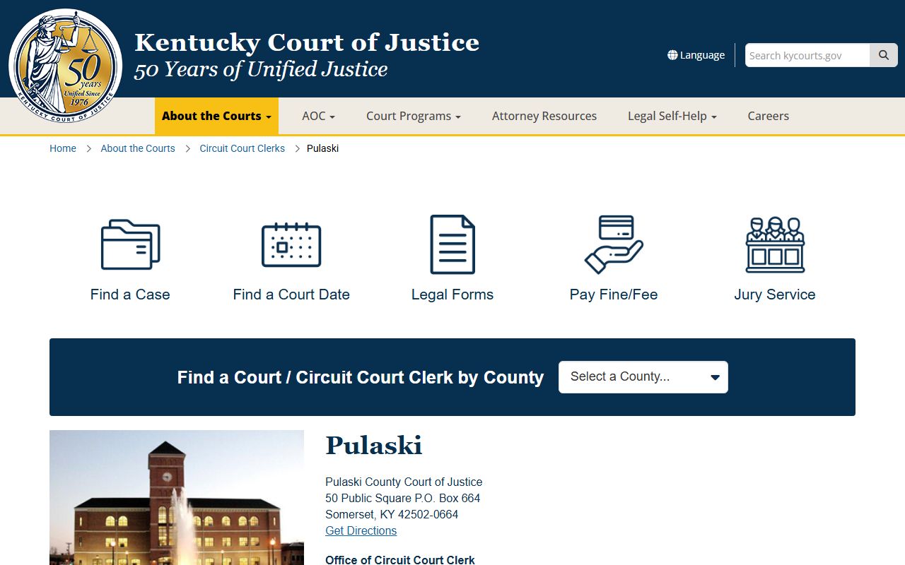 Pulaski County Court records page from Kentucky Court of Justice