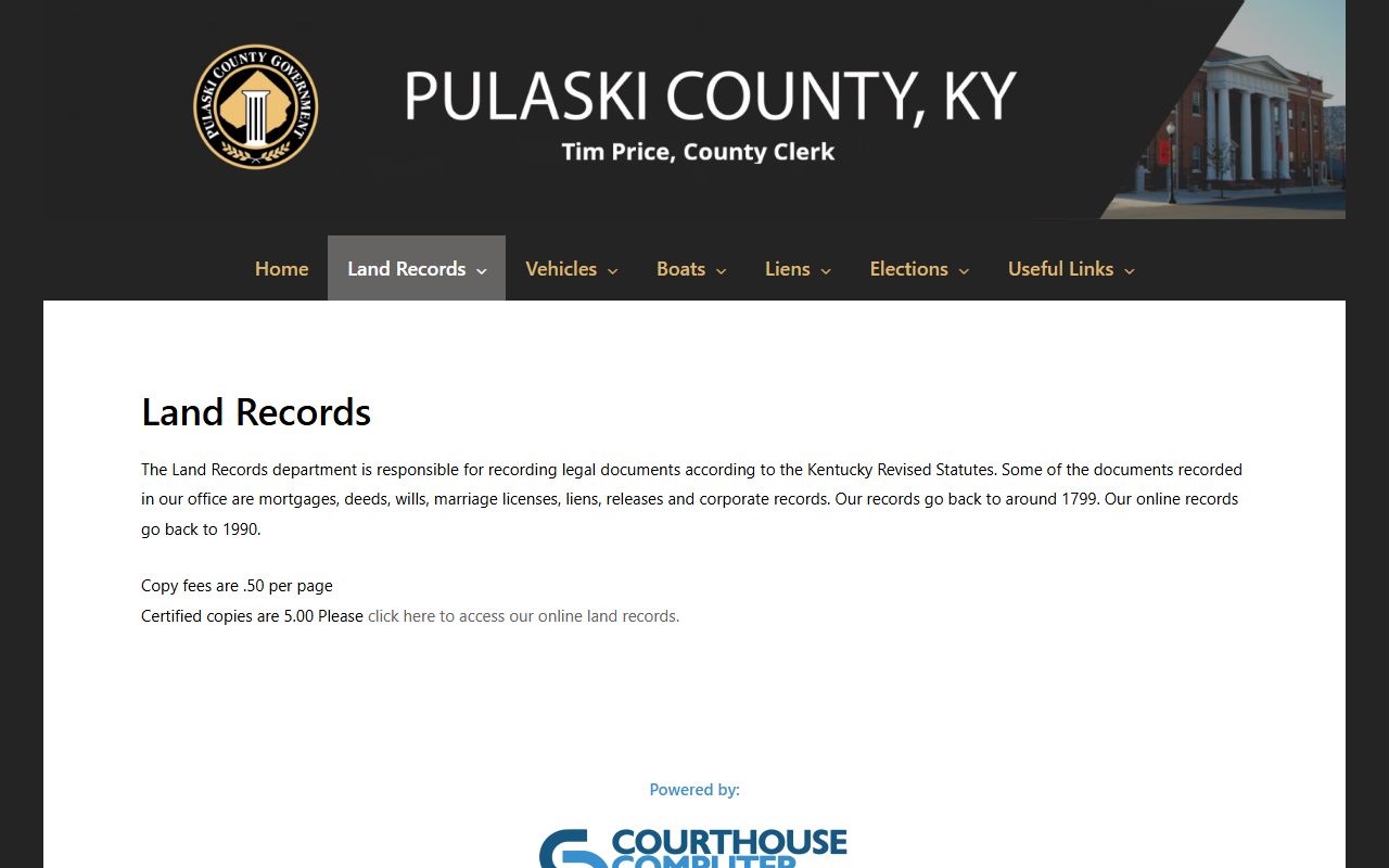 Pulaski County Clerk land records page
