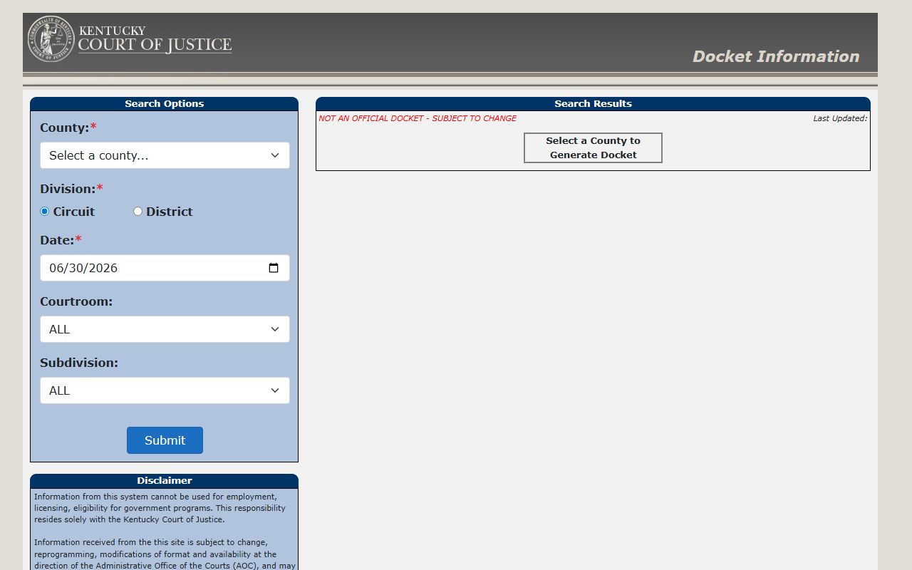 Pulaski County court dockets Kentucky docket search