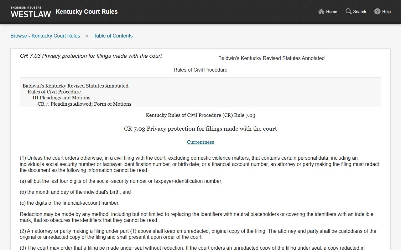 Pulaski County court records Kentucky CR 7.03 privacy rule