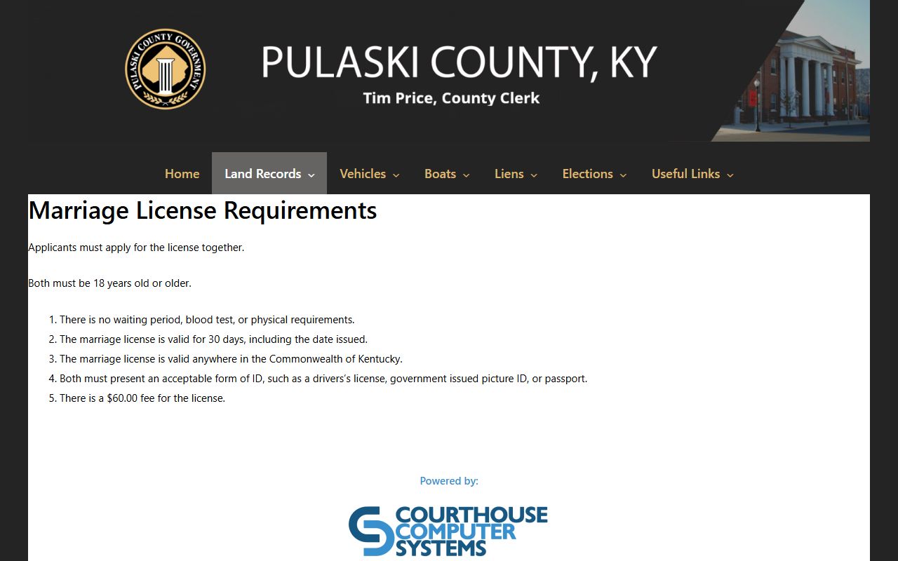 Pulaski County marriage records license requirements