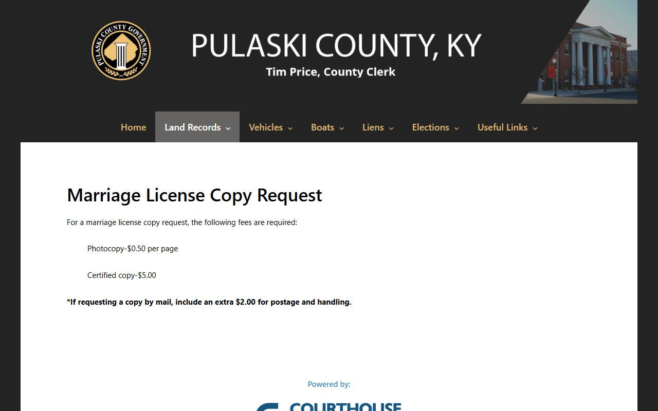 Pulaski County marriage records certified copy request