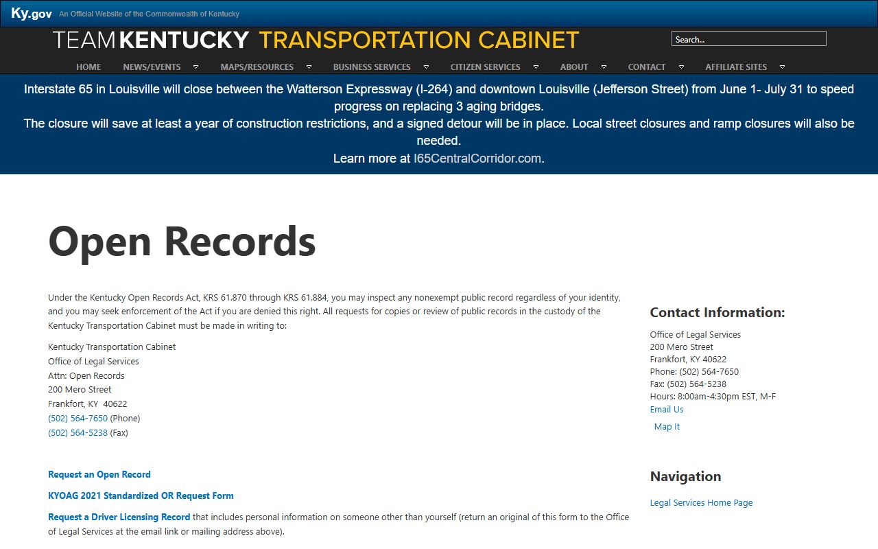 Pulaski County traffic court records KYTC open records requests