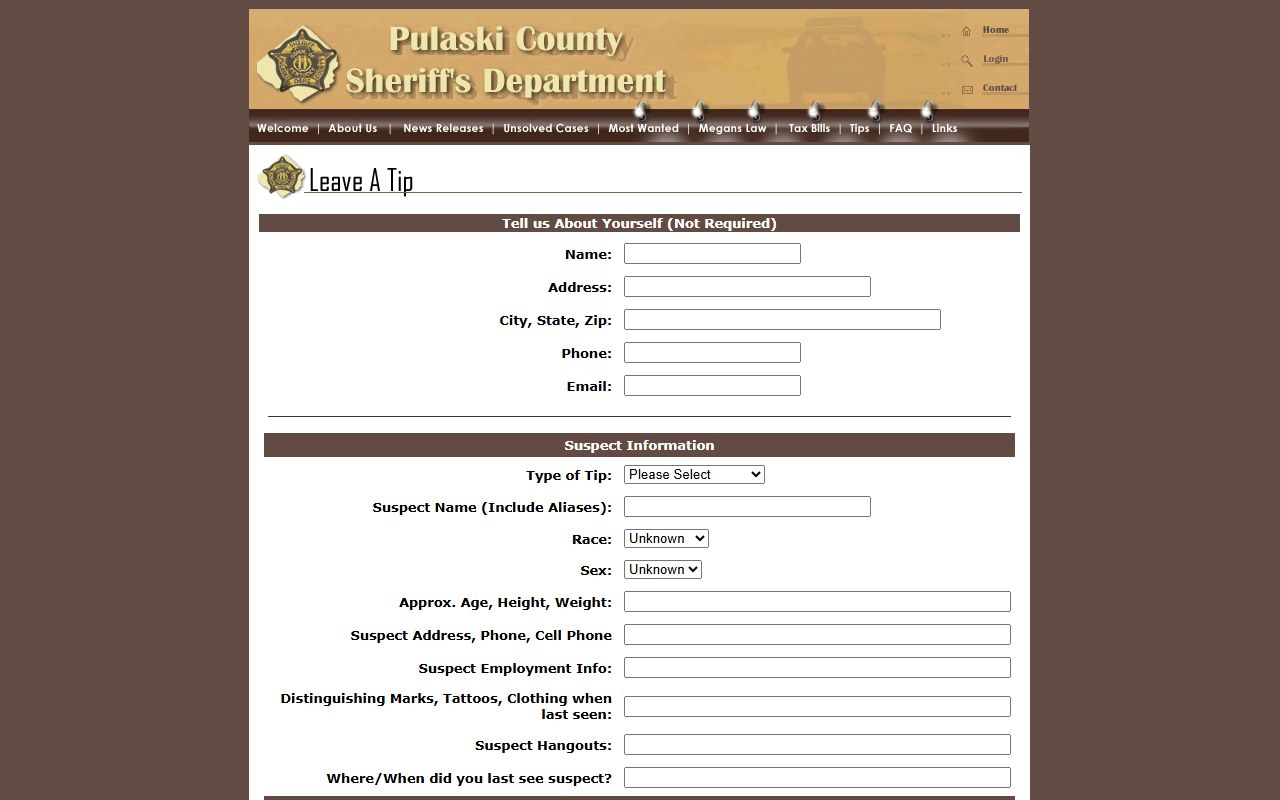 Pulaski County warrant records sheriff web tip form